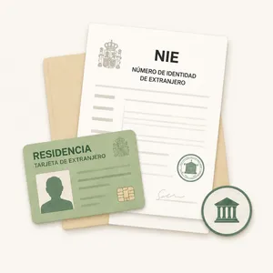 Illustratie van het Spaanse NIE-certificaat op A4 met stempel, met daarvoor een groene residenciakaart. Het NIE is een nummer op papier, de residencia een verblijfsstatus op pas.